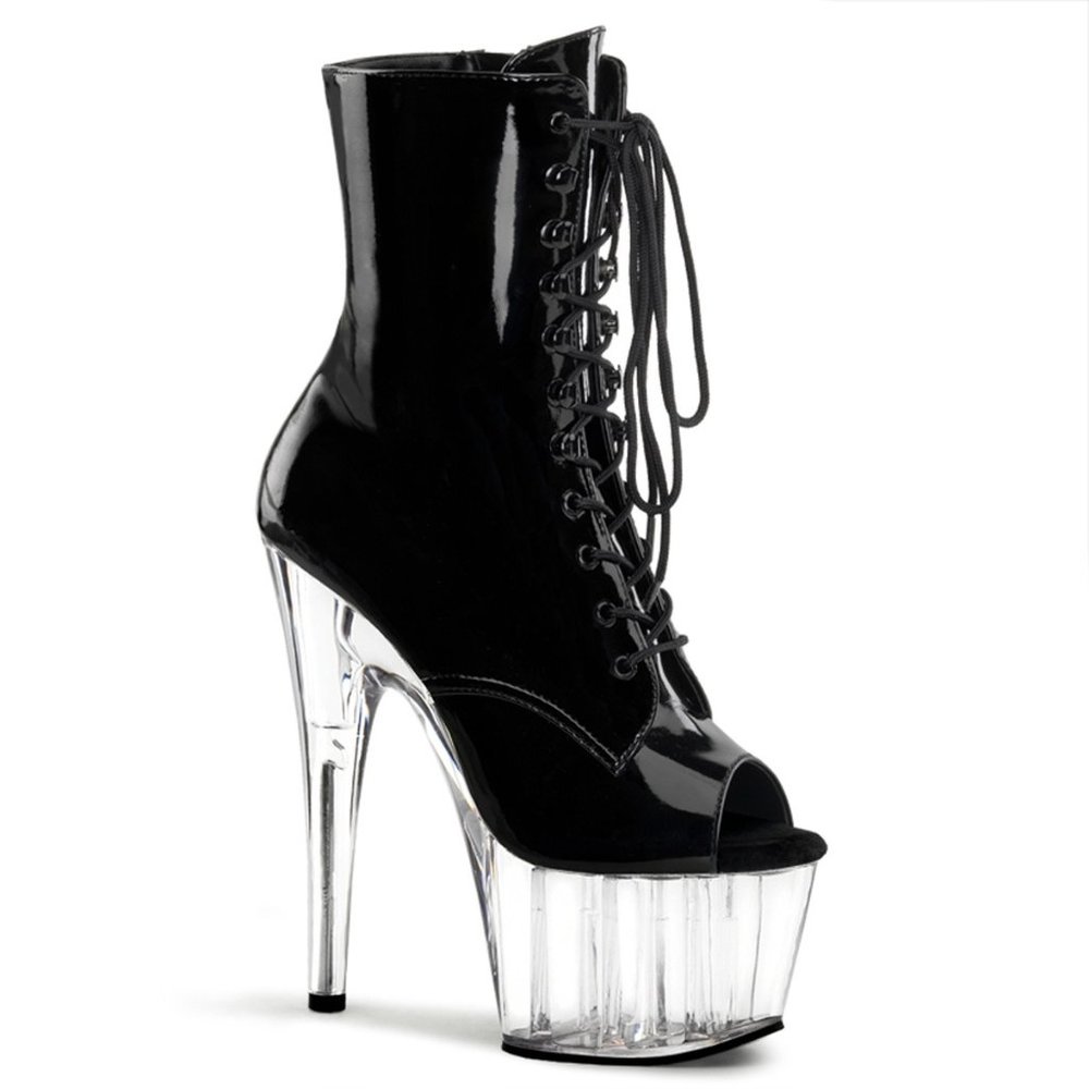 Pleaser Adore-1021 Black and Clear Platform Stiletto Boots